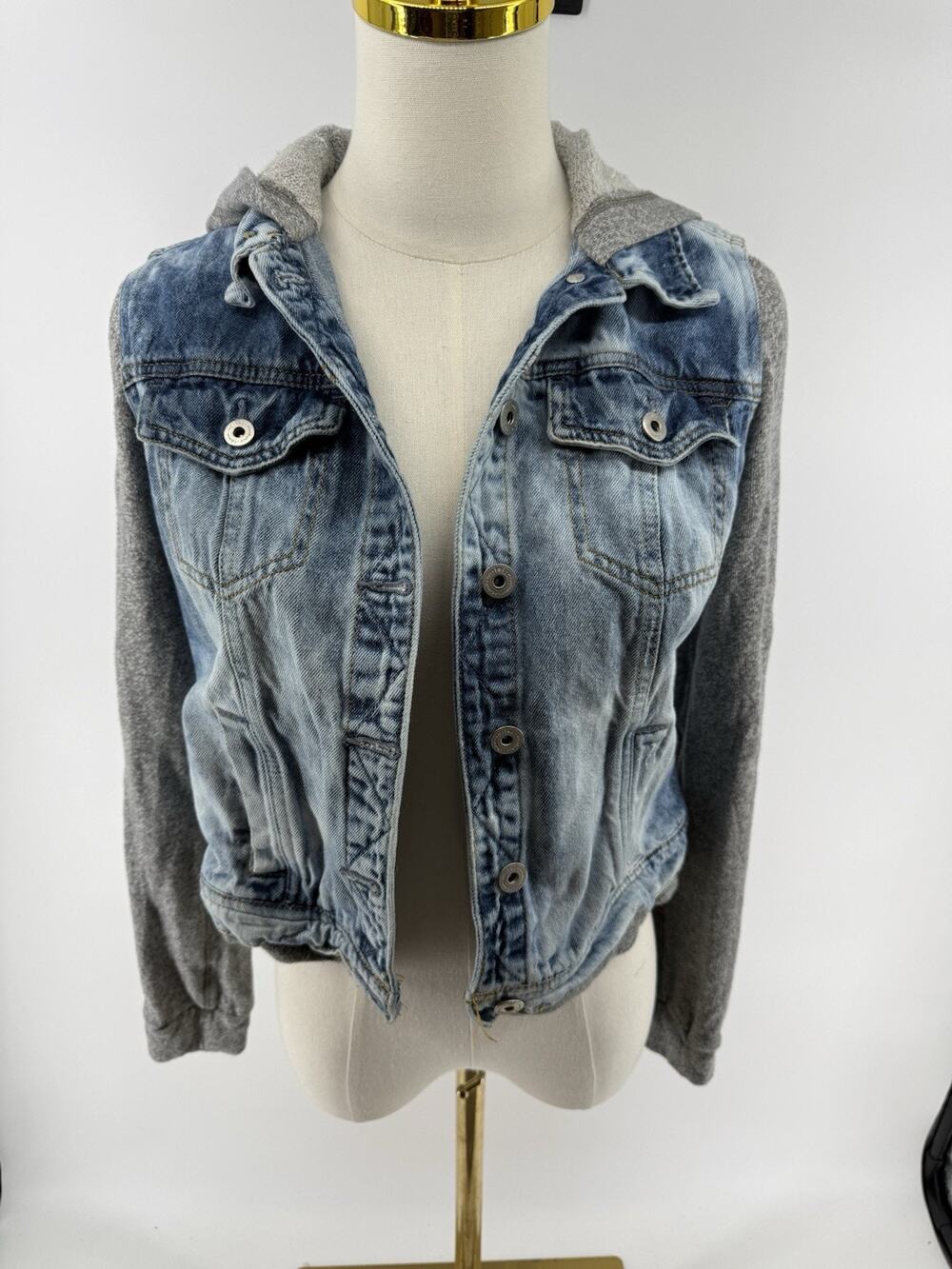 Vintage Y2K l.e.i. Cropped Denim Jacket Sweatshirt Combo Hooded Light Wash M